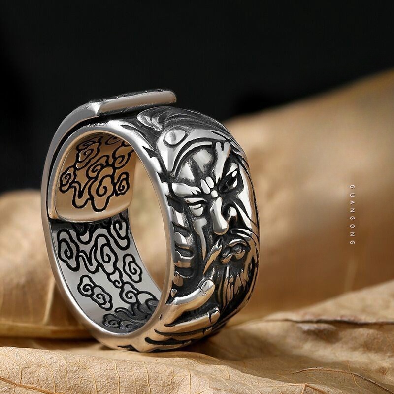 Anel de prata jóias Guan Gong anel masculino deus da riqueza Retro dominador masculino único anel abertura ajustável