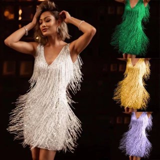 Vestido Com Decote Em V Sexy Saia Lápis Sem Mangas Média Franjas