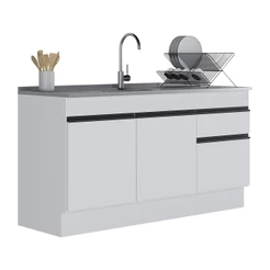 Balcão Cozinha c/ Rodapé Gabinete Pia 150cm 3 Ptas 1 Gav Veneza Multimóveis MP2115.964 Branco/Preto