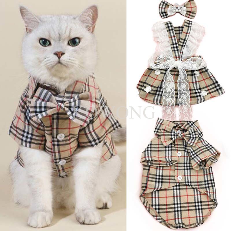 Traje De Cachorro Gato Fêmea Macho Khaki Xadrez Camisa Polo Pet Vestido Formal Casal Para Aniversário De Casamento em Oferta na Shopee