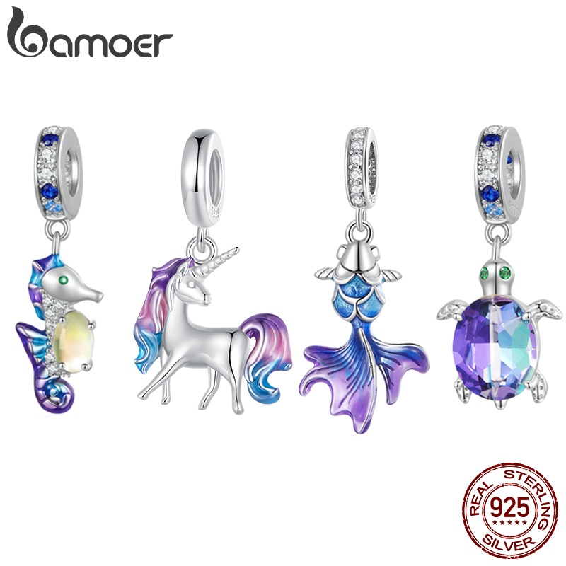 BAMOER 925 Prata Esterlina Colorida Série Animal Beaded Tartaruga Cavalo Marinho Unicórnio Ornamentos Adequados Para Mulheres em Oferta na Shopee