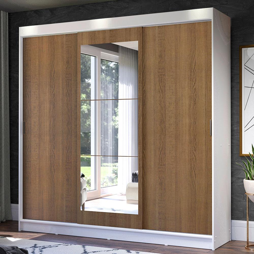 Guarda-Roupa Casal Madesa Istambul 3 Portas de Correr com Espelho 3 Gavetas - Branco/Rustic