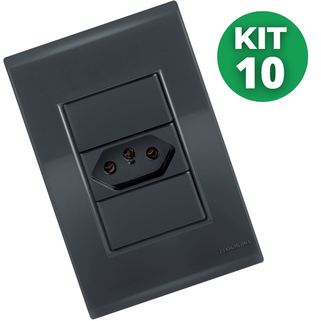 Kit 10 Conjunto Tomada Simples 10A Tramontina Liz Grafite