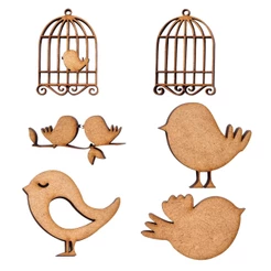 Kits 10 unidades Aplique Pássaros Gaiolas em MDF 3mm Artesanato