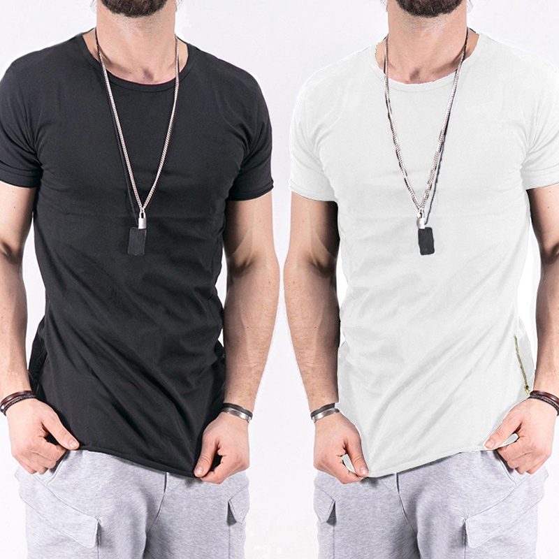 Camiseta Masculina De Linha Longa Estilo Hip Pop Tops Moda Swag Casual Curva Bainha Lateral Com Zíper Manga Curta Roupas