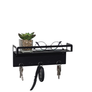 Suporte Porta Chaves de parede preta com Prateleira em Aço Inox Preto 10X26cm 5 Chaves Geguton em Oferta na Shopee