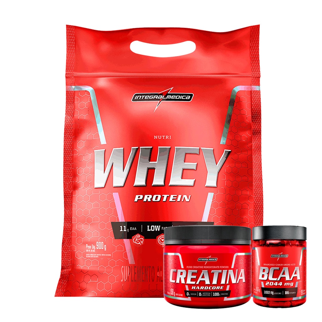 Kit Nutri Whey 900g Refil + Creatina 100% Pura 150g + BCAA 90 caps - Integralmedica
