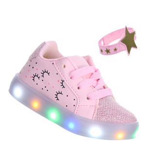 Tenis sapatinho com luz que pisca colorido love cilios rosa infantil meninas em Oferta na Shopee