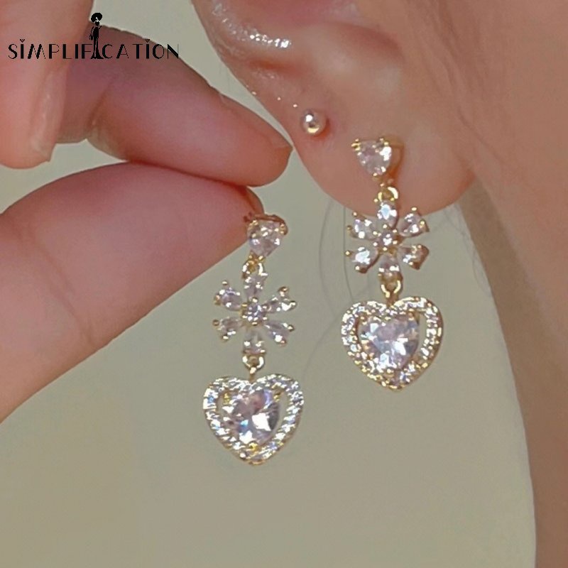 Temperamento Strass Amor Pingente Brincos/Elegante Suave Zircão Flor Moda Luz Brilhante De Luxo Acessórios