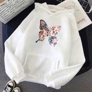 Blusa Moletom Canguru Feminino Com Capuz e Cordão Bolso Moletons Unissex / estampa de borboleta / belas flores