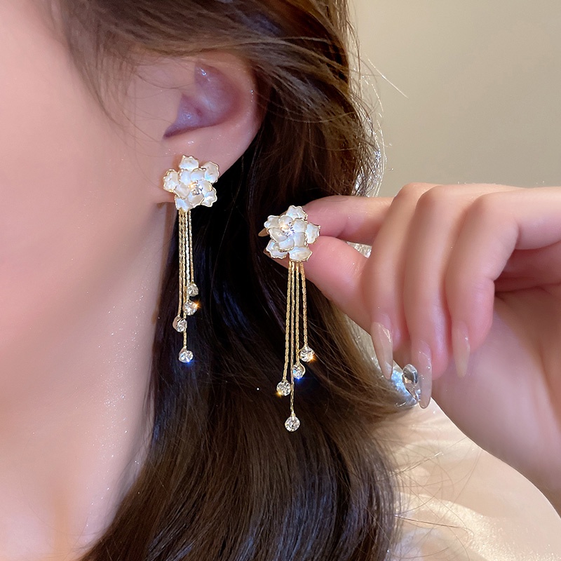 Brincos de Tassel Rhinestone Coreano Japonês com Flor Longa Novo Estilo de Nicho da Tendência High-End