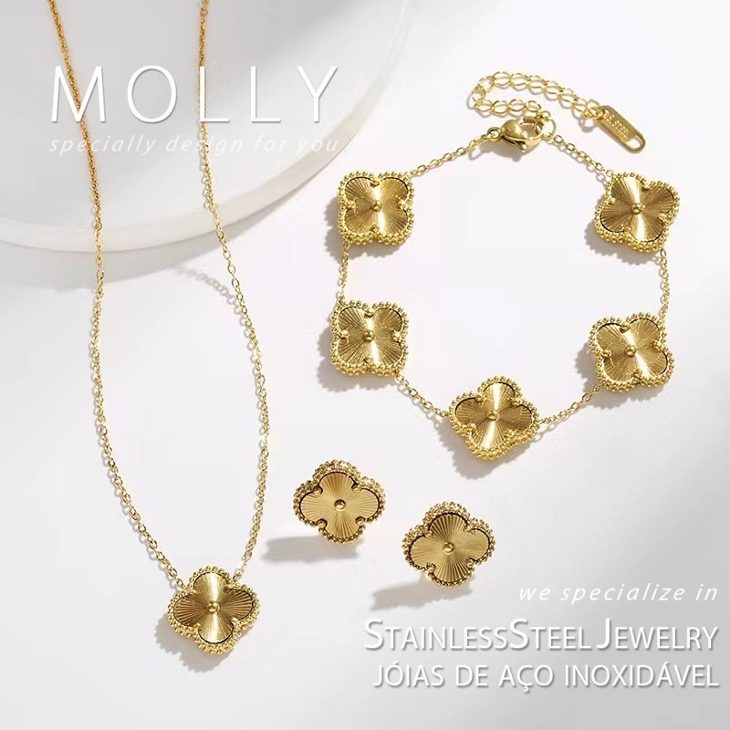 Colar De Aço Inoxidável Trevo Dourado Pulseira Brincos Para Mulheres Não Tarnish Ouro 18K Jóias De Moda Minimalista De Alta Qualidade