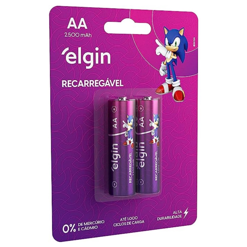 Pilha Recarregável Elgin AA 2500mAh Cartela com 2 unidades Média