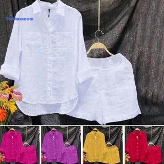 FM 2 Pcs/Set Camisa Feminina Conjunto De Calções De Cor Sólida Manga Comprida Solta Bolsos De Remendo Elástico De Cintura Única Com Um Peito Lapela De Cânhamo Irregular Casual Feminino De Mola De Queda