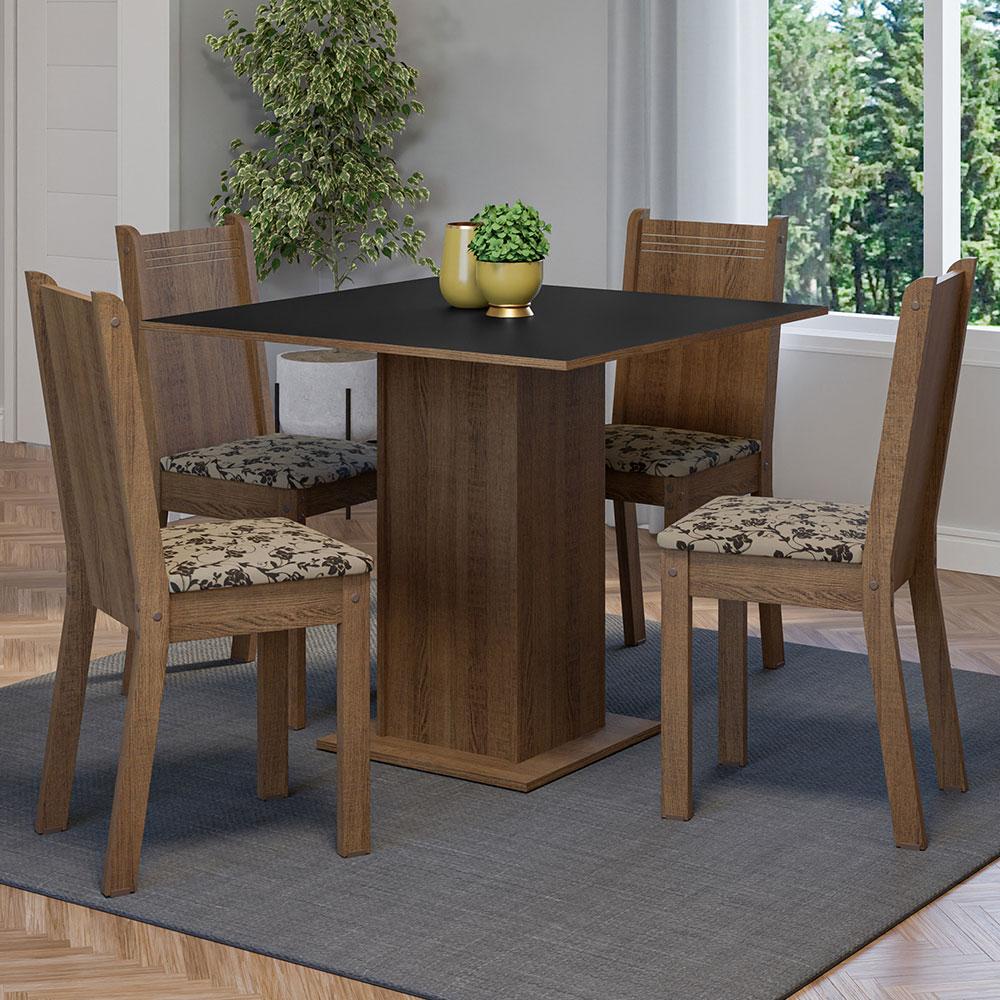 Conjunto Sala de Jantar Mesa Tampo de Madeira 4 Cadeiras Rustic/Preto/Bege Marrom Samara Madesa - Home & Living