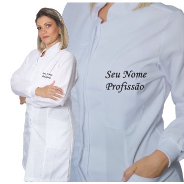 Jaleco Feminino Gabardine Branco, Botão Embutido, Gola Padre, Elástico Punho + BORDADO SEU NOME E PROFISSÃO