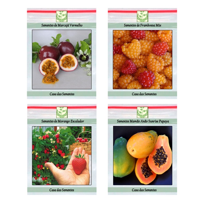Kit Sementes de Frutas Anãs p/ Vasos Mamão Sunrise, Maracujá Vermelho, Framboesa,  Morango Escalador