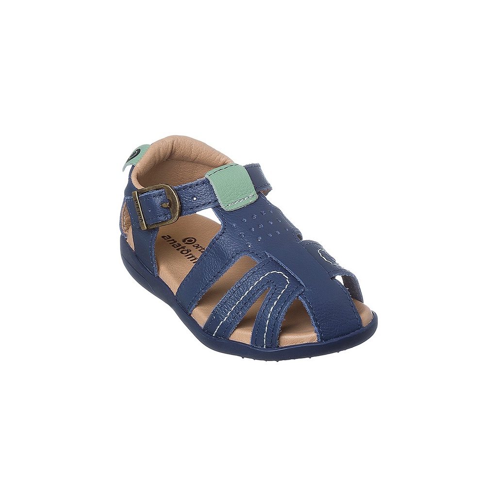 Sandália Infantil Masculina Ortopé Autentica Couro Azul Marinho e Verde - Baby & Kids Fashion