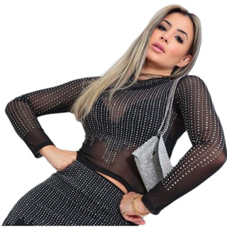 Cropped Blusa Manga Longa Tule Brilho Strass Pedraria Remix