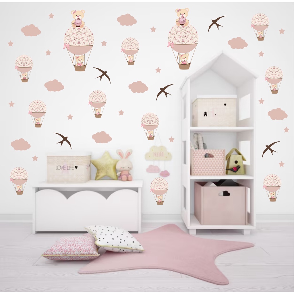 Kit Adesivo de Parede Ursinha Baloeira Rosa - Adesivo de Parede Infantil Decoração Quarto de Menina