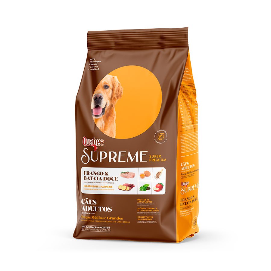 Ração Quatree Supreme Cães Adultos Raças Médias e Grandes Frango e Batata Doce 15kg em Oferta na Shopee