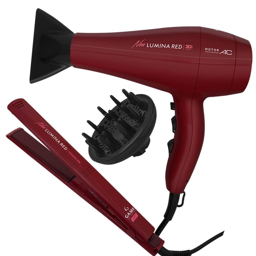 Kit Secador De Cabelo Com Difusor E Prancha New Lumina Red 3D 127V Gama Italy