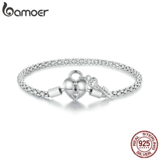 BAMOER 925 Sterling Silver Heart Lock Key Foundation Corrente De Jóias De Moda Para Mulheres