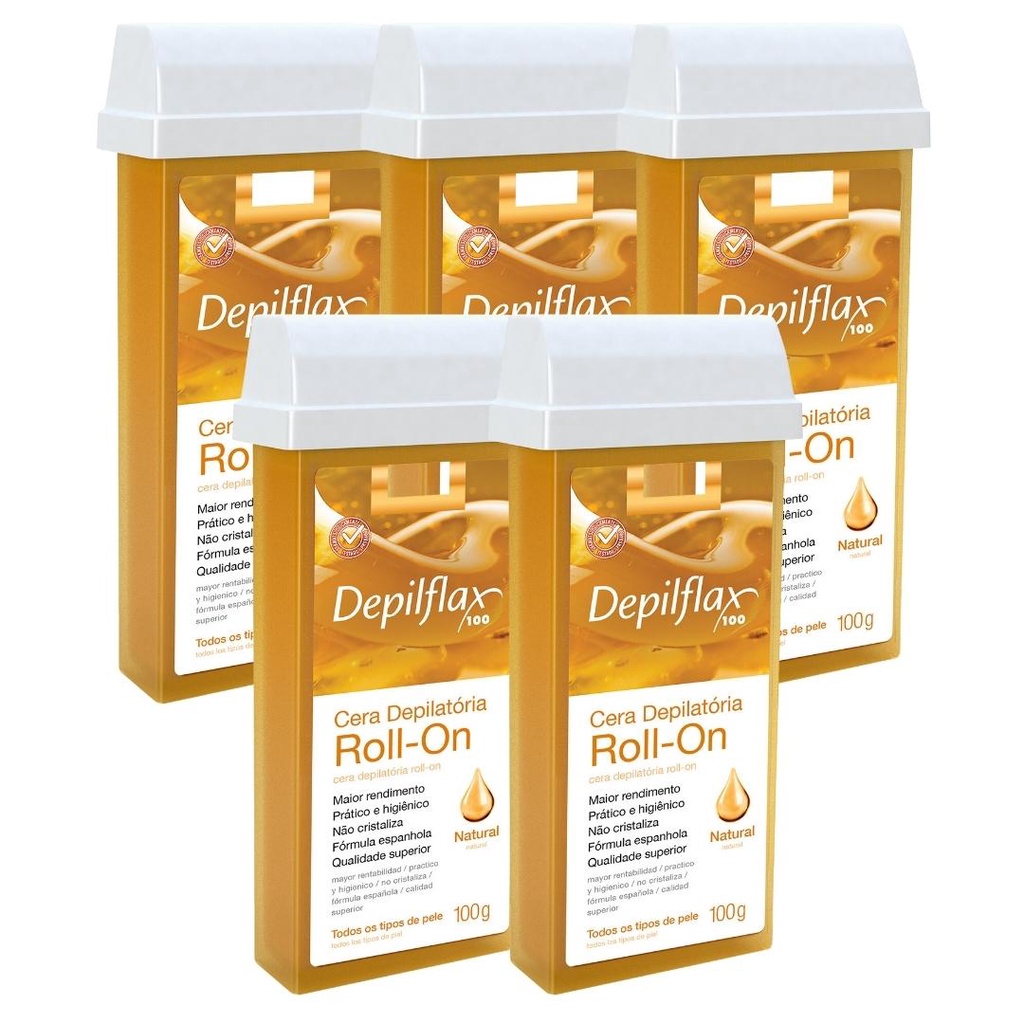Kit 5 Refil Cera Depilatoria Corporal Profissional Depilação Roll On Depilflax Natural 100g