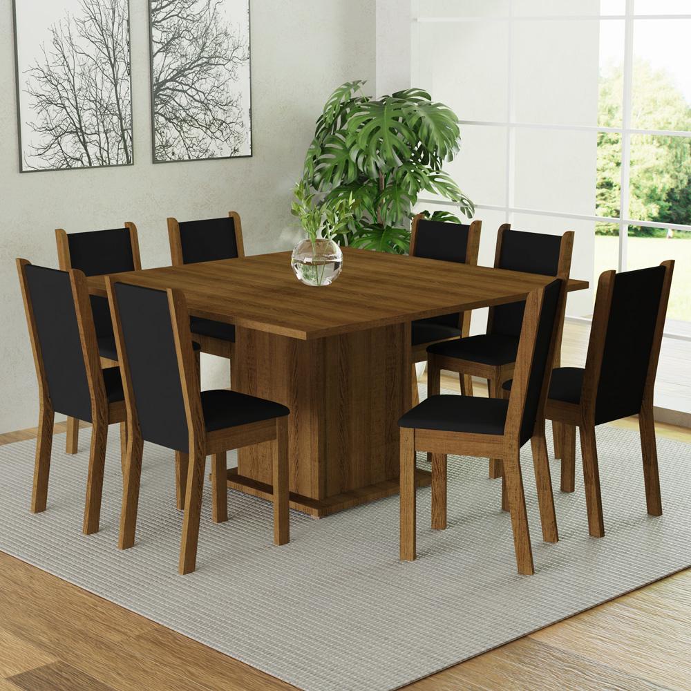 Conjunto Sala de Jantar Mesa Tampo de Madeira 8 Cadeiras Rustic/Preto Marisa Madesa