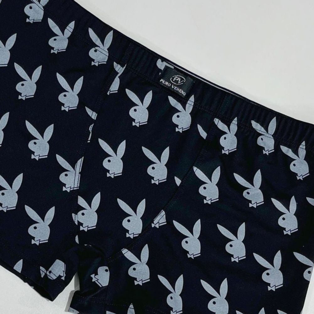 Cueca Boxer Adulto Microfibra de Poliamida Estampada Puro Veneno - Preta Playboy Branca