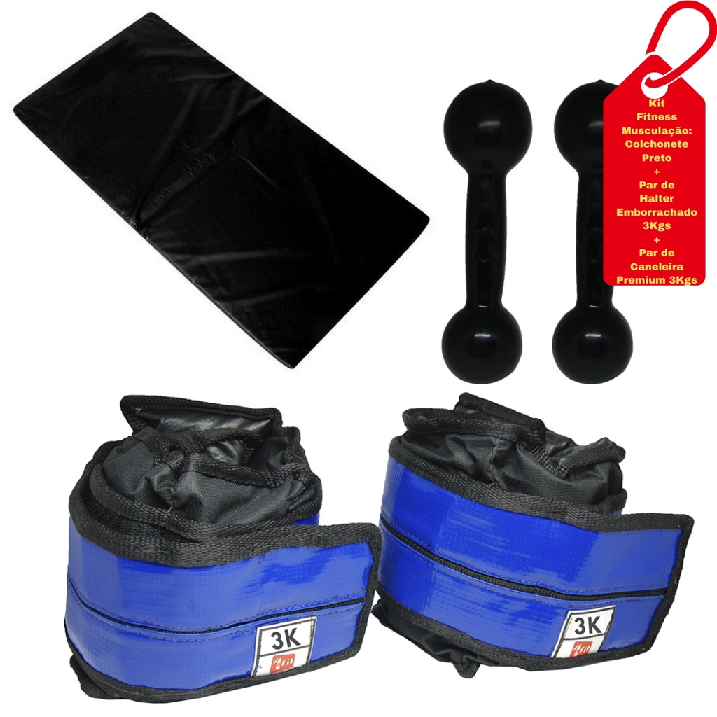 Kit Colchonete Preto+Par de Halter 3Kg+Caneleira Premium 3Kg