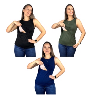 Kit 3 Blusa Amamentação Diversas Cores Viscolycra Premium Camiseta Regata Gestante Grávida Amamentar em Oferta na Shopee