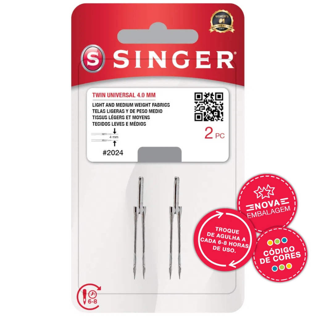 Agulha Dupla de máquina Singer 2024 - Blister com 2 unidades 80/12 90/14 - ponta seta arredondada