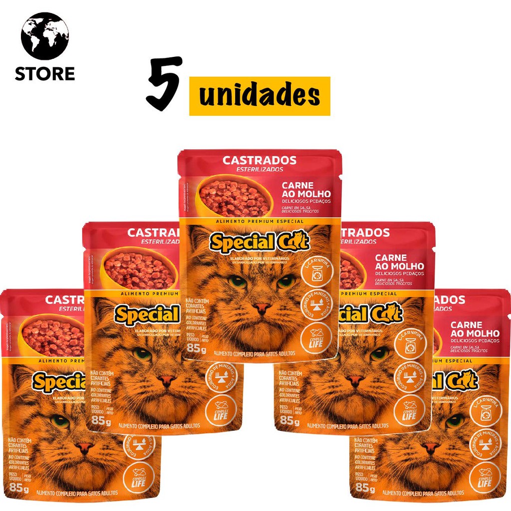 5 unidades Ração Úmida Special Cat Sachê Carne para Gatos Castrados