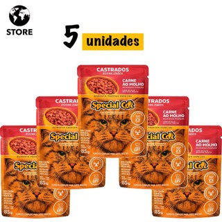 5 unidades Ração Úmida Special Cat Sachê Carne para Gatos Castrados
