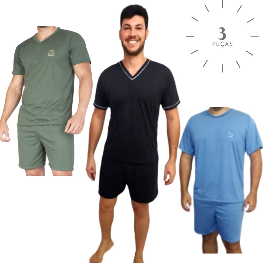 Kit 3 Pijamas Masculinos Manga Curta Adulto em Malha Curto Short Camisa