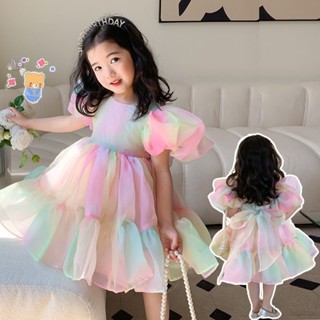 Vestido De Menina Para Crianças Manga De Puff Saia De Malha De Verão Doce Arco-Íris Princesa 1-6 Anos De Idade