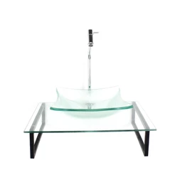 KIT CUBA DE VIDRO QUADRADA COM TAMPO 50CM INCOLOR E SUPORTE PRETO