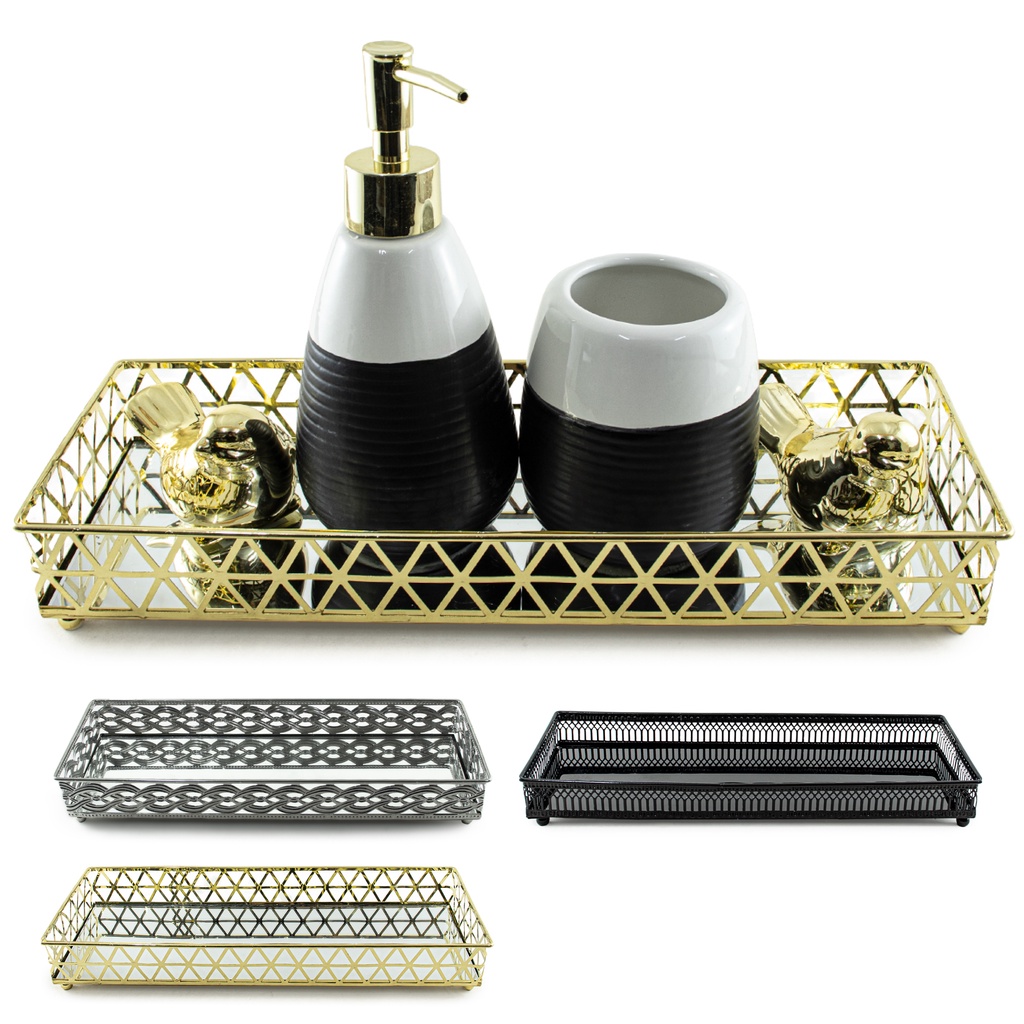 Bandeja Espelhada Para Decoração Perfumes Banheiro Grande Dourada Retangular Luxo Louvre Clássica Elegante 34x12cm