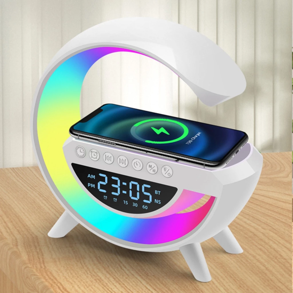 Caixa de Som Bluetooth 5.3 com Luminária LED RGB Relógio Despertador e Carregador Sem Fio 10W