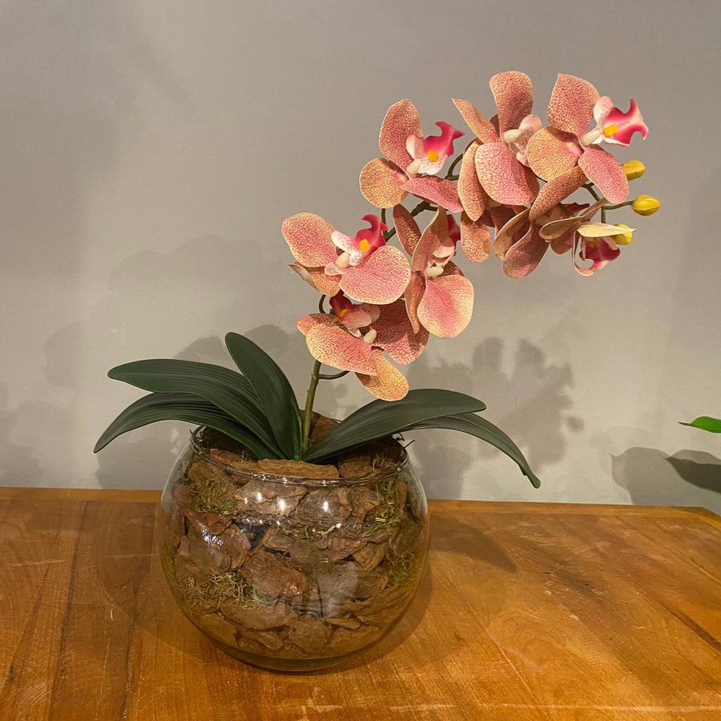 Arranjo de Orquídea Rosa Centro de Mesa no Vaso Transparente