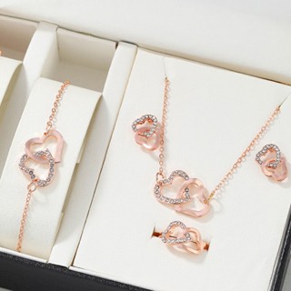 Jóias De Ouro Feminino Conjuntos De Brincos De Anel Colar Elegância Rhinestone Duplo Coração