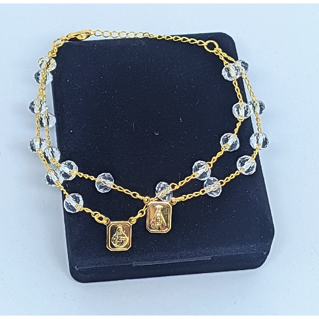 Pulseira Religiosa Escapulario Nossa Senhora Aparecida Salmão Folheado Ouro 18k Miçangas Pedras Cristais Preta