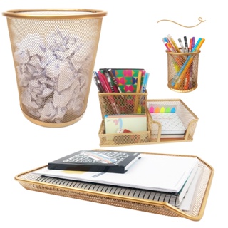 Kit Escritório Lixeira Organizador de Mesa Bandeja Organizadora Porta Caneta Dourado em Oferta na Shopee