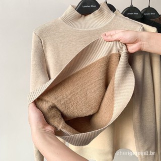 Suéter de pelúcia feminino inverno 2023 outono e inverno novo engrossado de uma peça de lã meia gola alta com camisa de fundo de lã de vison