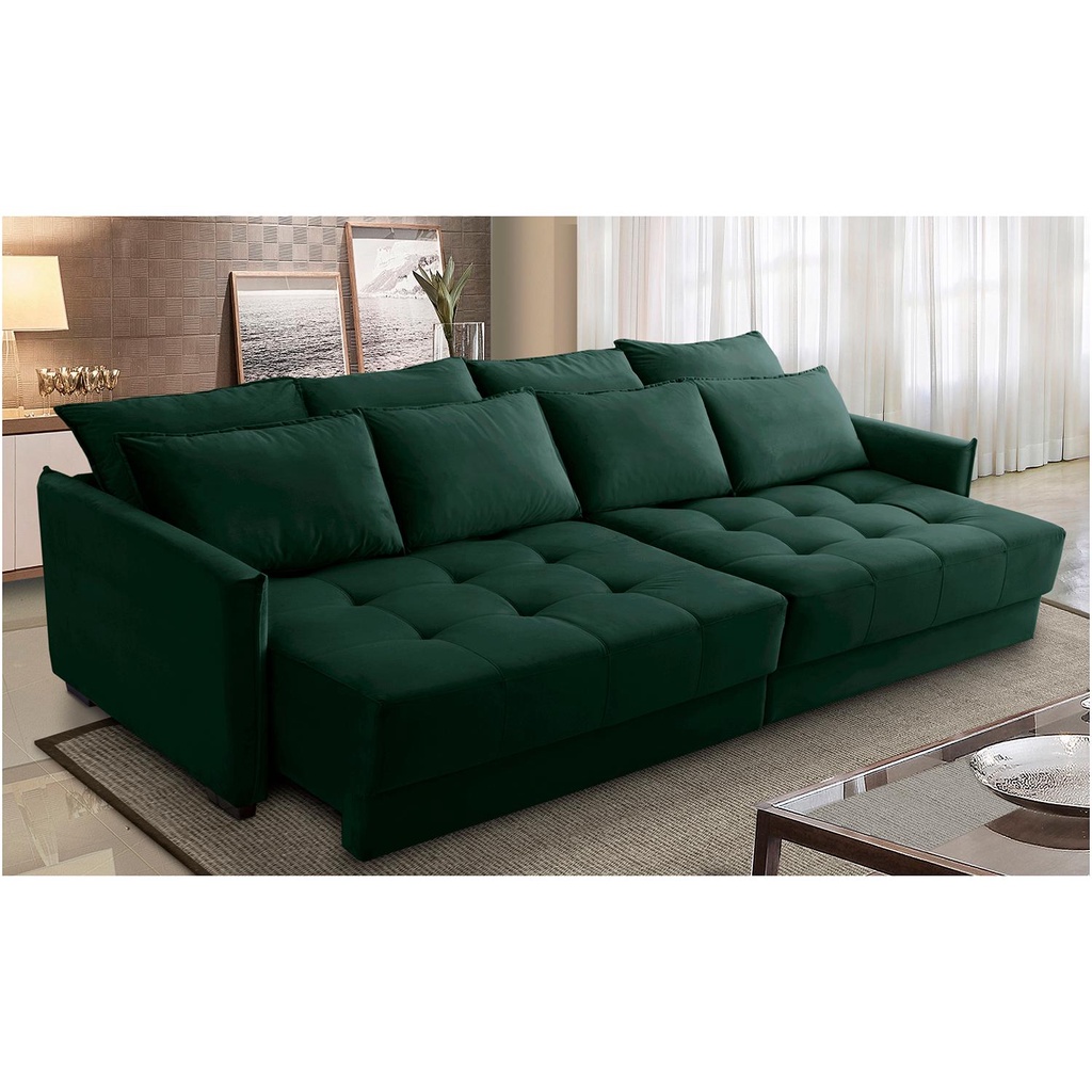 Sofá Cama Retrátil e Reclinável 2,30m com Molas Carol Veludo Verde Adonai Estofados - Home & Living