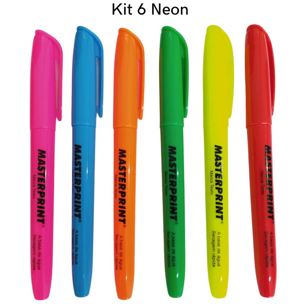 Kit 6 Canetas Marca Texto Neon Masterprint - Cores Variadas