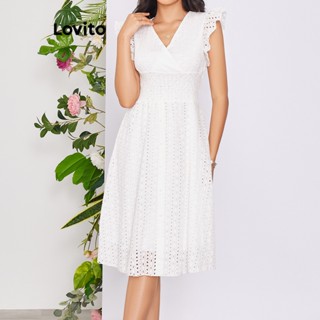 Lovito Vestido de Botões com Ruched, Babados de Renda e Botões para Mulheres LBE02096 (Branco)