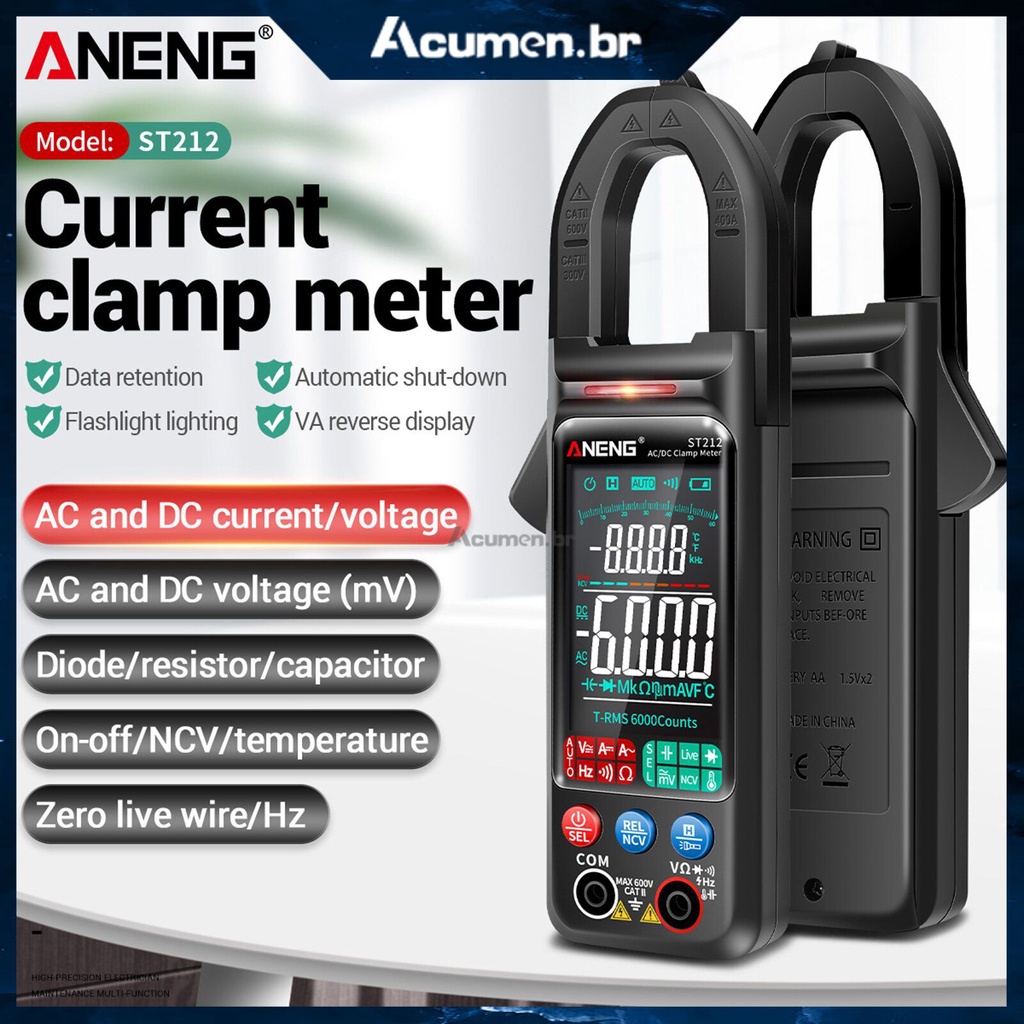 Aneng St212 Dc/ac 400a Atual 6000 Contagens Multímetro Alicate Amperímetro Digital Profissional Amp Hz Multímetro Testador de Voltagem Do Carro ncv Ohm Instrumento Pk Ht206 St180 St211 acumen.br