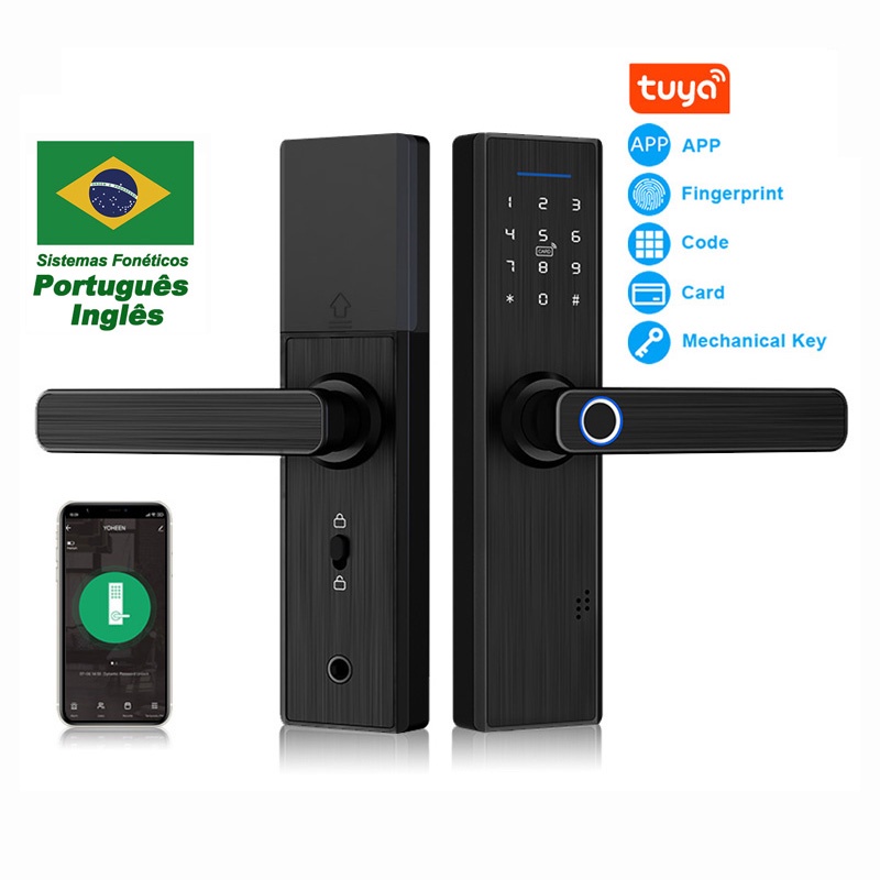 (spot) Tuya Fechadura De Porta Inteligente Eletrônico Digital Senha Biométrica Acesso Remoto Automático apoio Português voz Anti-Roubo De Impressão Digital Para Casa E Apartamento Cartão/Senha/Chave/USB Carregamento De Emergência